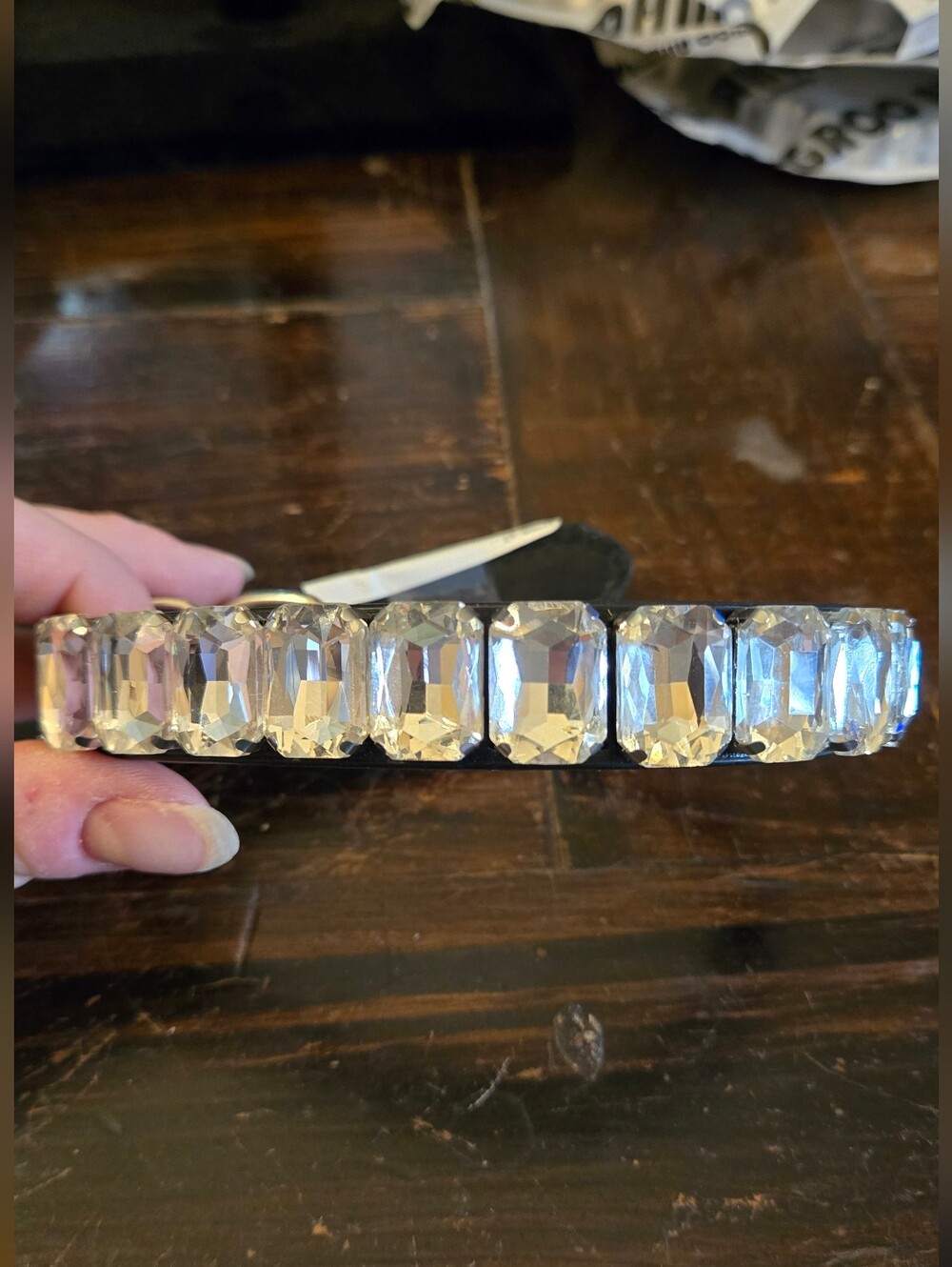 Clear Rhinestone Leather Dog Collar - Size Medium